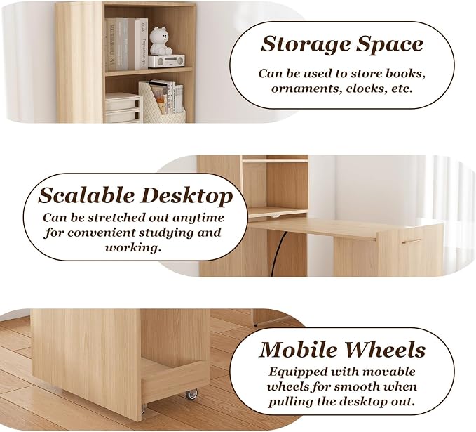 KEIKI Home Office Stretchable Desks with Storage Shelves and Mobile Wheels, Modern Wood Foldable Desk Gaming Computer Corner Table for Apartments Work, Study, Writing, Natural
