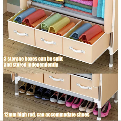 Portable Wardrobe Closet,Foldable Clothes Organizer with 3 Storage Box 35in Simple Non-Woven Fabric Wardrobe Multi-Functional Storage Cabinet with Cover and Hanging Rod-Khaki