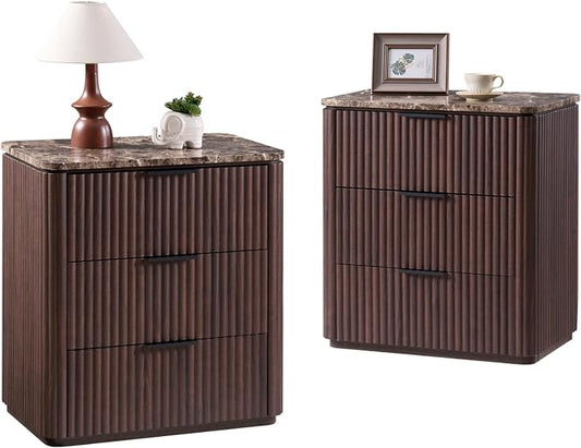 Fluted Nightstand Set of 2, 23" W Night Stand with 3 Drawers, Wood Bed Side Table with Faux Marble-Top, Curved Corner, Metal Handle, Modern Bedside Table for Bedroom, Living Room, Office, Dark Oak