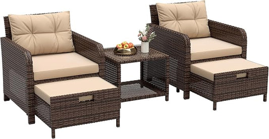 LHBcraft Outdoor Furniture 5 Piece Patio Conversation Set, PE Rattan Patio Set with Soft Cushions & Coffee Table, Outside Furniture with Hidden Ottoman for Porch, Lawn, Garden, Balcony, Brown