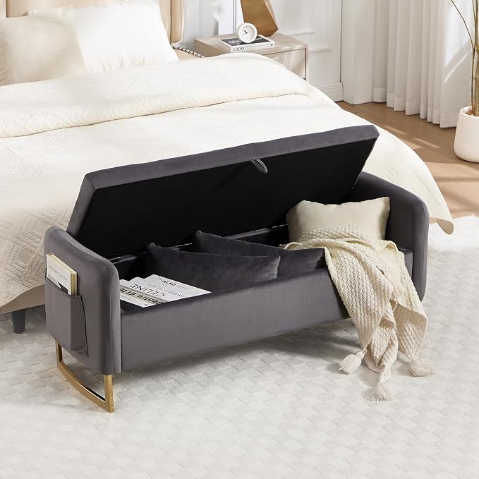 48" End of Bed Bench, Modern Storage Benches with Button-Tufted, Velvet Upholstered Storage Ottoman Bench for Foot of Bed with Arms, Gold Legs Window and Entryway, Dark Grey
