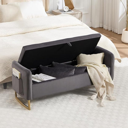 48" End of Bed Bench, Modern Storage Benches with Button-Tufted, Velvet Upholstered Storage Ottoman Bench for Foot of Bed with Arms, Gold Legs Window and Entryway, Dark Grey
