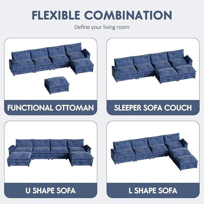Homall 159" Modular Sectional Sofa, Loveseat Sofa Couch with Double-Layer Cushion, DIY Combination Chenille Deep 2-Seat Cloud Couch for Living Room (Dark Blue, U Shaped Sofa)