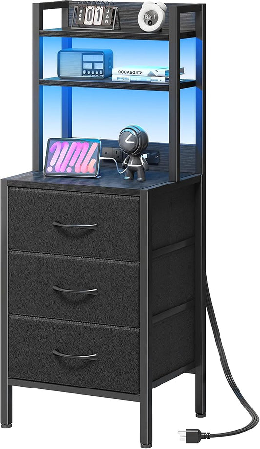 Fixwal 41 Inch Tall Nightstand with Charging Station, 3 Fabric Storage Drawers and Shelves, Led Night Stand with U-S-B Port & Socket, Bedroom Dorm Office, Bedside Table & Bookshelf in One, Black
