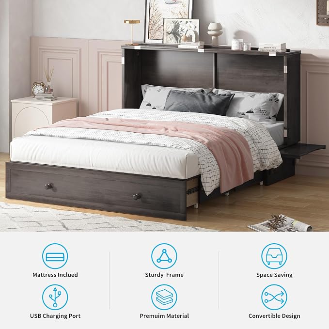 PUREMIND Queen Murphy Bed Cabinet, Murphy Bed with Mattress Included, Storage Drawer and Bedside Panel, Built-in Charging Station, Solid Wood Space-Saving Wallbed Hideaway Beds for Guest Room
