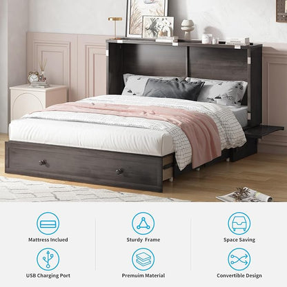 PUREMIND Queen Murphy Bed Cabinet, Murphy Bed with Mattress Included, Storage Drawer and Bedside Panel, Built-in Charging Station, Solid Wood Space-Saving Wallbed Hideaway Beds for Guest Room