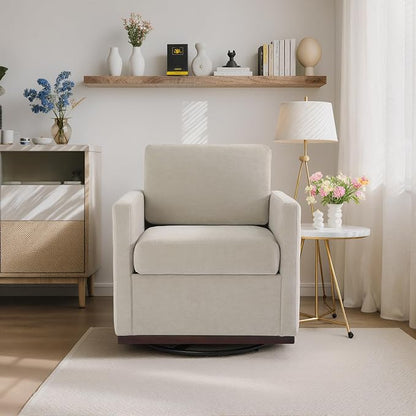 360° Swivel Accent Chairs Set of 2, 31" Wide Upholstered Club Armchairs for Living Room, Comfy Square Swivel Barrel Chair with Metal Base, Chenille Fabric, Light Sand