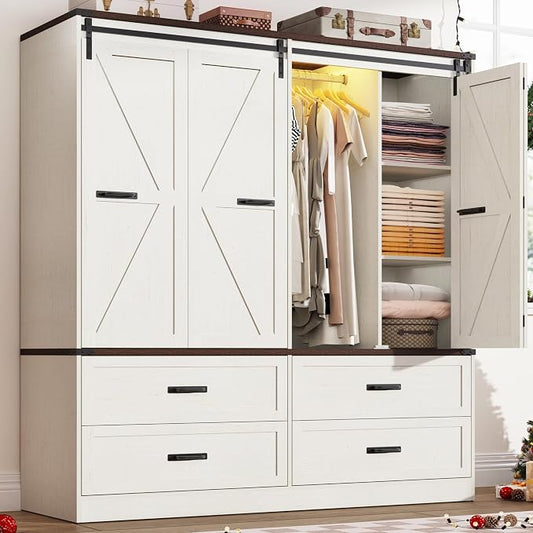 Farmhouse 4 Doors Armoire Wardrobe Closet w/Folding Sliding Barn Door and Lights, LED Armoire Closet w/Drawers for Bedroom, Freestanding Wooden Wardrobe Storage Closets w/Hanging Rod,Antique White