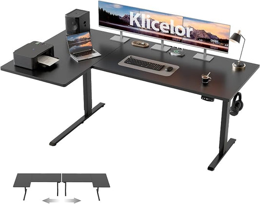 Klicelor L Shaped Standing Desk, 63 Inch Electric Height Adjustable Desk with Memory Preset, Reversible Sit Stand Up Computer Workstation for Home Office, Splice Board, Black