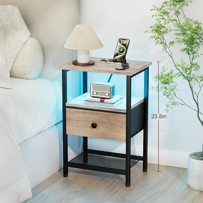 LOAKEKEL Nightstand with Charging Station, End Table with Fabric Drawer, LED Night Stand for Bedroom, Small Bed Side Table with USB Ports and Outlets, Grey, HETS01GY-1