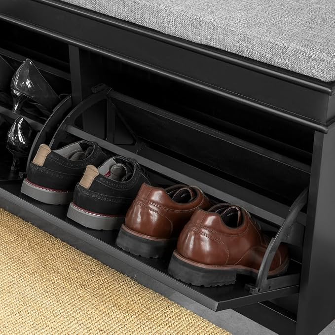 SoBuy Black Storage Shoe Bench with 2 Flip Drawers, Hidden Shoe Bench, Free Standing Shoe Rack, Shoe Cabinet, Hallway Storage Bench with Seat Cushion FSR64-SCH