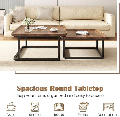 Nesting Coffee Table Set of 2, 23.6"+19.7" Nesting Tables,Small Square Coffee Table with Fluted,Center Table for Living Room Bedroom Office Balcony Yard (Walnut)