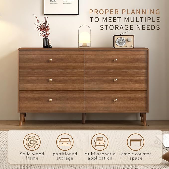 Messenya 6 Drawer Dresser for Bedroom, 47 Inch Walnut Dresser for Closet, Mid Century Wood Chest of Drawers with Natural Texture & Pre-Embedded Slots for TV Stand, Living Room, Hallway, Office