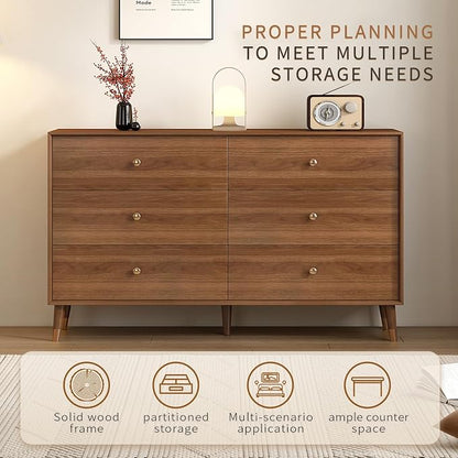 Messenya 6 Drawer Dresser for Bedroom, 47 Inch Walnut Dresser for Closet, Mid Century Wood Chest of Drawers with Natural Texture & Pre-Embedded Slots for TV Stand, Living Room, Hallway, Office