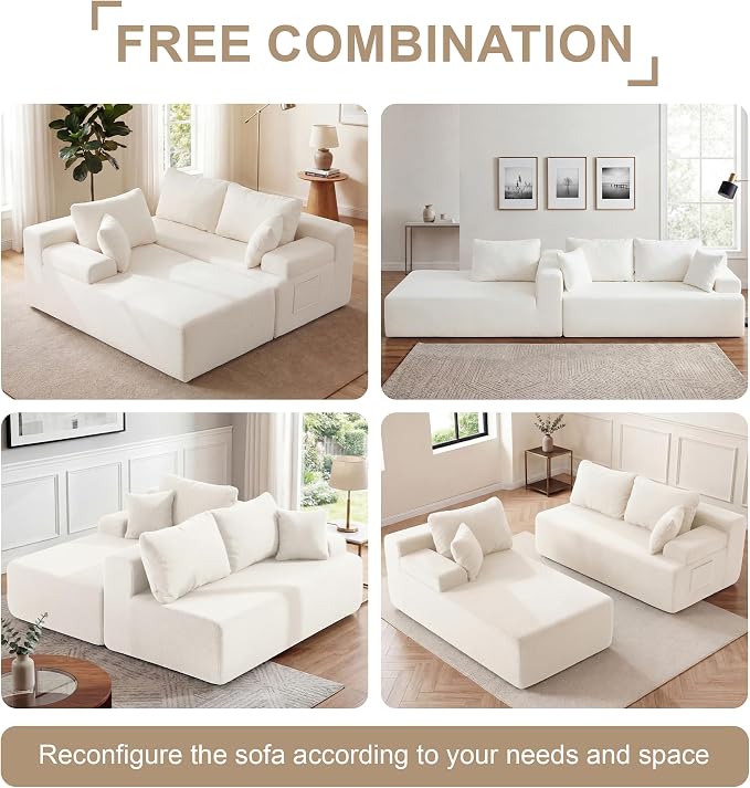 Hobestluk Modular Sectional Sofa Couches L-Shape Couch 3 Seat Modular Sofa Memory Foam Sectional Couches for Living Room, Cloud Couch with Oversized Chaise (White Smooth, 108", Left Hand Facing)