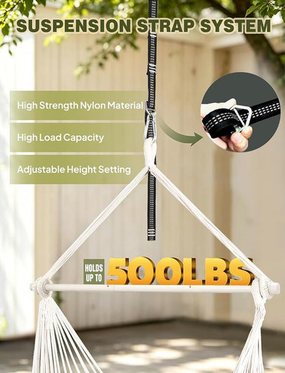Chihee Hammock Chair 4.9ft x 3.9ft Max 500 Lbs Widen Hanging Swing 2 Cushions Included Metal Spreader Bar with Anti-Slip Grooves Portable Comfy Hanging Chair Side Pocket Bohemian Chair Indoor Outdoor
