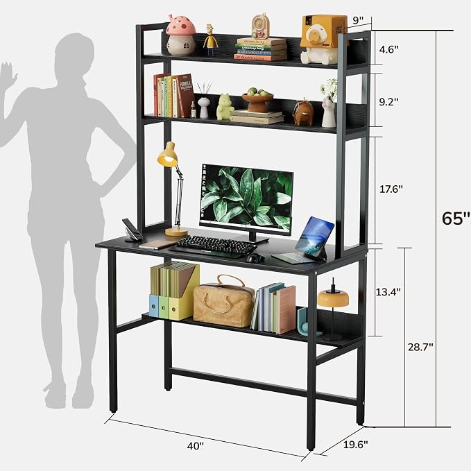 Aquzee Computer Desk with Hutch, 40“W x 19.6" D Desk with Shelves, Tall Home Office Desk with Bookshelf, Metal Legs Study Table with Upper Storage Shelf for Study Writing/Workstation, Black