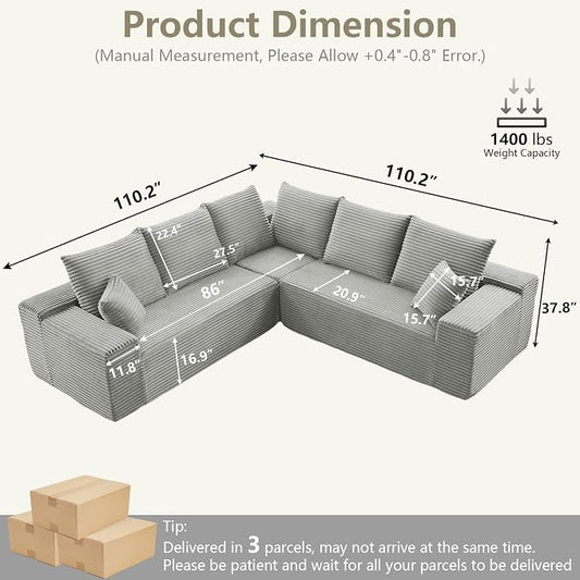 Sectional Cloud Couch for Living Room, Modern Modular Floor Deep-Seat Sofa, Upholstered L Shaped Sofas, Big Comfy Corduroy Couches Set for Living Room Bedroom, No Assembly Required, Grey
