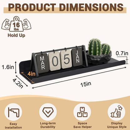 Qukaka Floating Shelves for Wall Decor, 15" Wall Shelves for Bedroom, Living Room, Kitchen, Bathroom Decor, Nail Polish/Book/Decoration/Makeup/Perfume Organizer Floating Shelf-3Pack Black