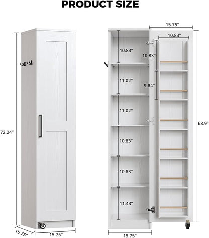 IRONCK Narrow Kitchen Pantry Storage Cabinet, 72" Slim Single Door with 6 Adjustable Shelves, Door Rack and Wheels, Space Saving Freestanding Storage Floor Cabinet for Small Place, White