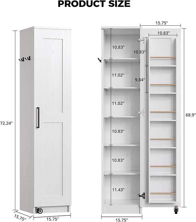 IRONCK Narrow Kitchen Pantry Storage Cabinet, 72" Slim Single Door with 6 Adjustable Shelves, Door Rack and Wheels, Space Saving Freestanding Storage Floor Cabinet for Small Place, White