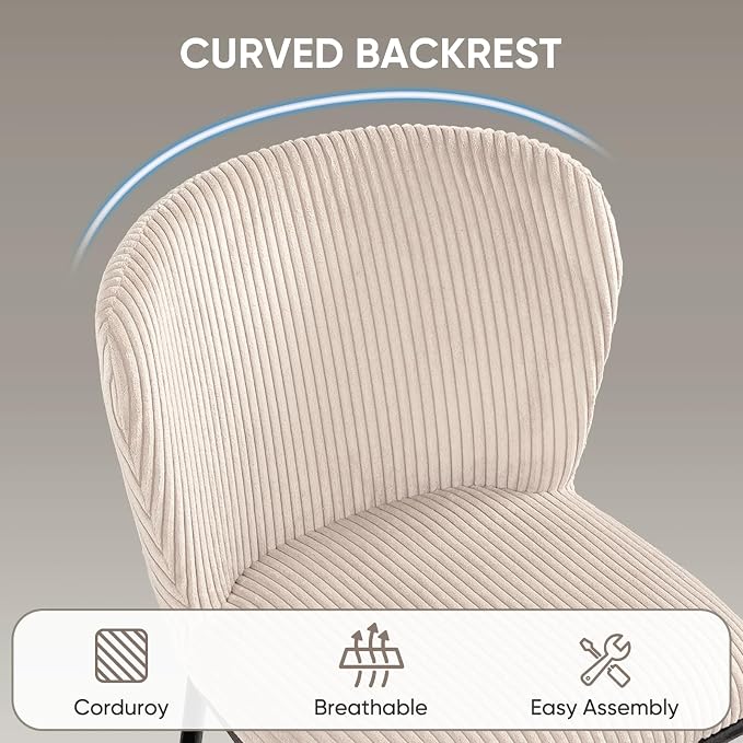 SIMTONAL Upholstered Dining Chairs Set of 2, Corduroy Armless Kitchen Chairs with Memory Foam Seat, Black Metal Legs, Mid Century Modern Accent Seating for Apartment, Vanity, [Beige]