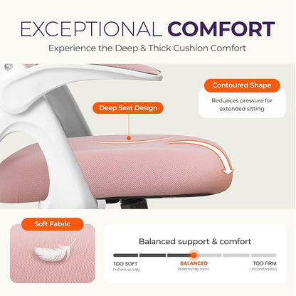 NEO CHAIR Office Desk Gaming Ergonomic Computer Chair with Lumbar Back Support Adjustable Height Swivel Rolling Wheels Flip-up Arms Mesh Chair for Home Vanity (Pink)
