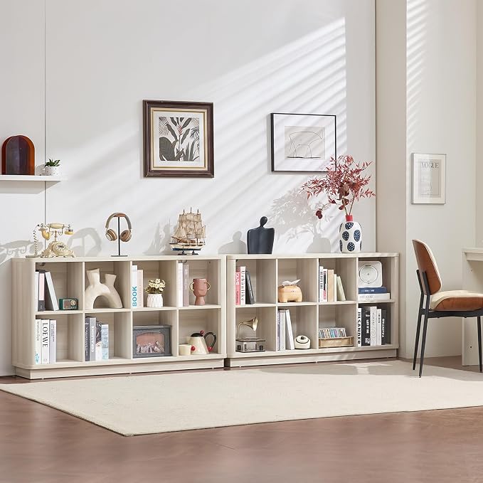 Joaxswe 8 Cube Storage Bookcase, 52" Long Horizontal Book Shelf w/Curved Edge, Wood Low 2-Tier Cubby Console Bookshelf with Base, Modern Floor Standing TV Stand for Living Room, Gray-White Cream Oak