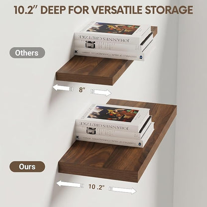 Vivelove 10 in Deep Floating Shelves for Wall, 16" x 10.2" x 1.5" Shelves for Room Wall Mounted, 1.5 Inch Thick Shelf for Bathroom Bedroom Kitchen Book Room, Modern Farmhouse Decor, Set of 2, Walnut