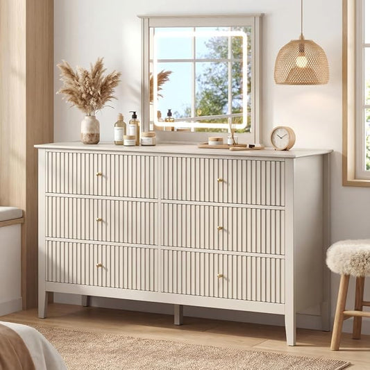 RoyalCraft 6 Drawer Dresser with Lighted Mirror, Beige Fluted Modern Wood Chest of Drawers, Long Dresser for Bedroom Storage