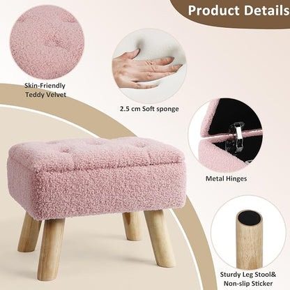 OGEMXU Storage Ottoman, Small Foot Stool Ottoman with Storage, Boucle Teddy Velvet Foot Rest with Padded Seat, Sturdy Wood Legs Stool for Living Room, Bedroom, Couch, Enterway (Pink)