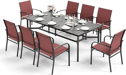 HERA'S HOUSE 9 Pieces Patio Dining Set, Outdoor Metal Table and Chairs Set for 8, 83" Rectangular Table with Umbrella Hole, 8 x Textilane Patio Dining Chairs for Lawn Garden Backyard Deck