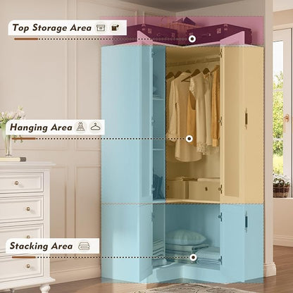 MEISSALIVVE L-Shape Armoire Wardrobe Closet with Frosted Glass Door, 70.9''H Bedroom Clothing Storage Cabinet with Hanging Rod, Adjustable Shelves, Clothes Wardrobe Armoire for Bedroom, Wood Grain