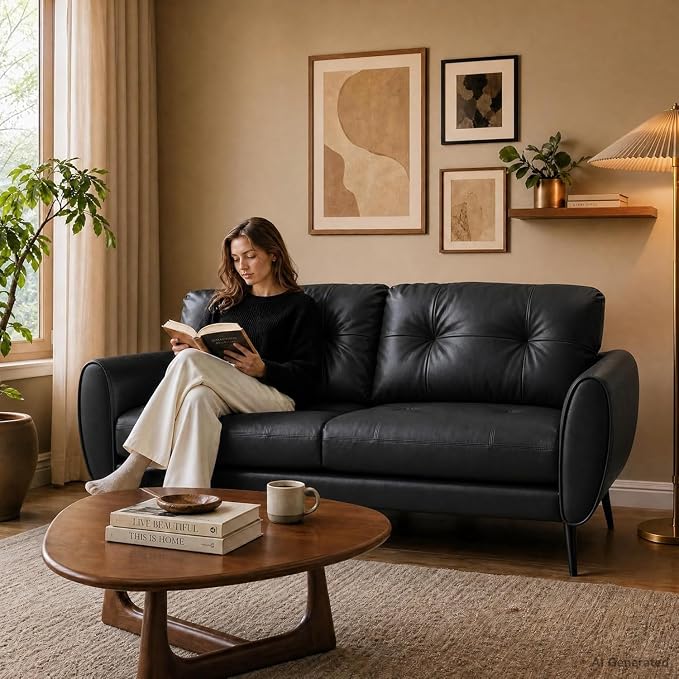 TYBOATLE Sofa Couch 61" Small Loveseat Couches for Living Room, Black Faux Leather Couch Mid Century Modern Tufted Mini Sofa Comfy Office 2 Seat Settee Love Seat Couches for Small Spaces Bedroom