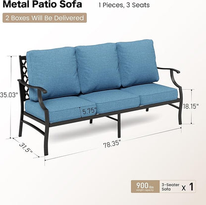 SUNSHINE VALLEY Metal Patio Sofa with 5.75" Extra Thick Cushion, 3-Seater Deep Seating & High-Back Outdoor Couch All Weather Outdoor Seating Furniture for Backyard Deck Porch, Denim Blue