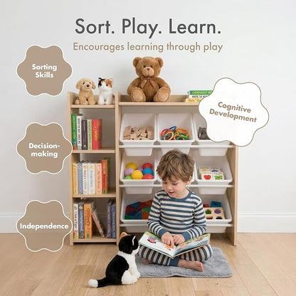Humble Crew Toy Storage Organizer with Bookshelf, 9 Removable Storage Bins for Kids Playroom, Toy Organization and Storage, Solid Wood, Natural/White