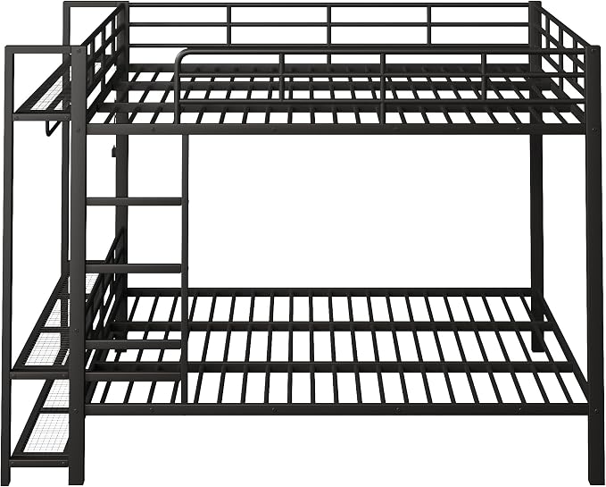 Bellemave Queen Over Queen Bunk beds, Metal Bunk Bed with Shelf and Guardrails,Queen Bunk beds with Storage Mesh Shelves and Clothes Hooks for Kids, Teens & Adults（Black）