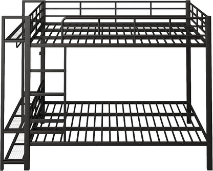 Bellemave Queen Over Queen Bunk beds, Metal Bunk Bed with Shelf and Guardrails,Queen Bunk beds with Storage Mesh Shelves and Clothes Hooks for Kids, Teens & Adults（Black）