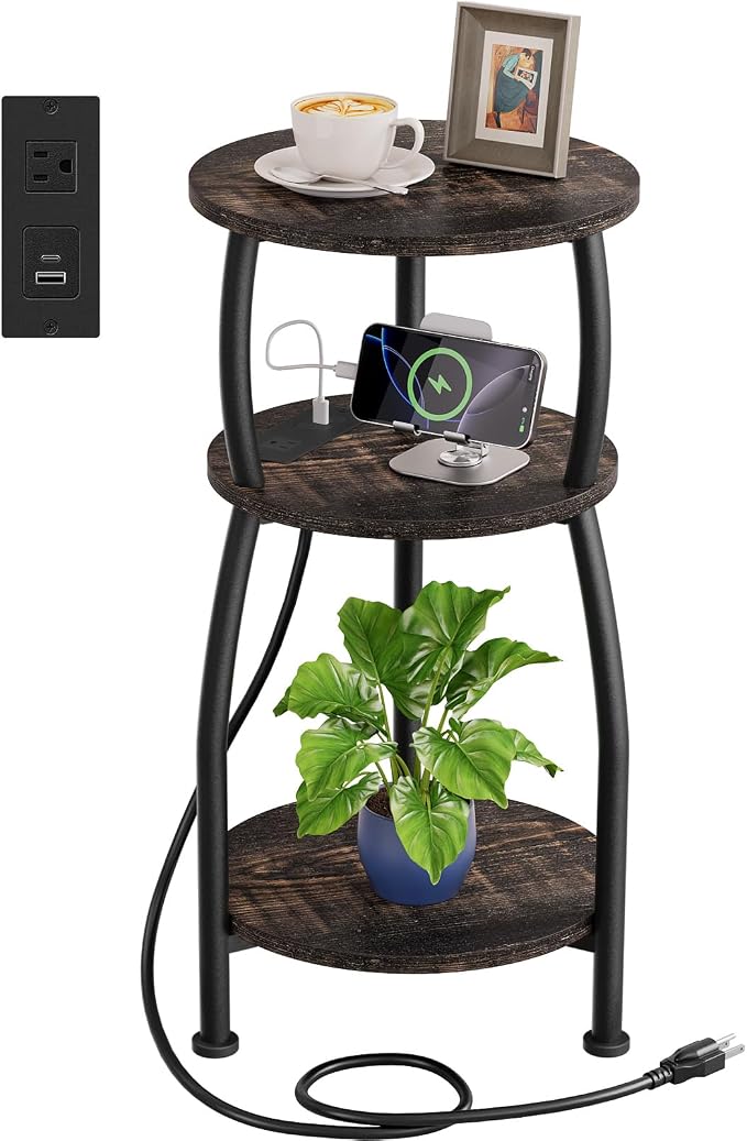 Round Side Table with Power Outlet & USB Ports, 3-Tier End Table with Storage Shelf, Modern Rustic Nightstand, Small Spaces Accent Table for Living Room Bedroom, Easy Assembly, Oak Dark