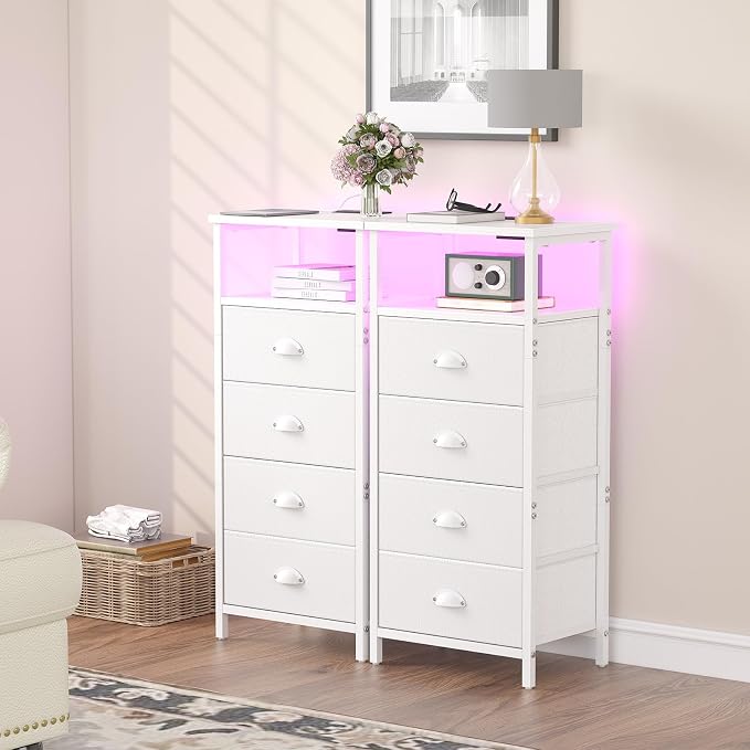 sthmec Nightstand with Charging Station,LED White Nightstand with 4 Fabric Drawers PU Finish, Bedside End Tables, 2-Tier Open Storage Shelf Side Table Nightstand with Drawers for Bedroom,White