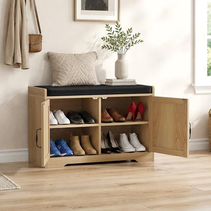 Entryway Shoe Storage Bench with Upholstered Seat, Double Door Cabinet, Adjustable Shelving, Slatted Front, Engineered Wood Organizer for Hallway, Foyer, Mudroom, Bedroom, Walk-In Closet (Oak)