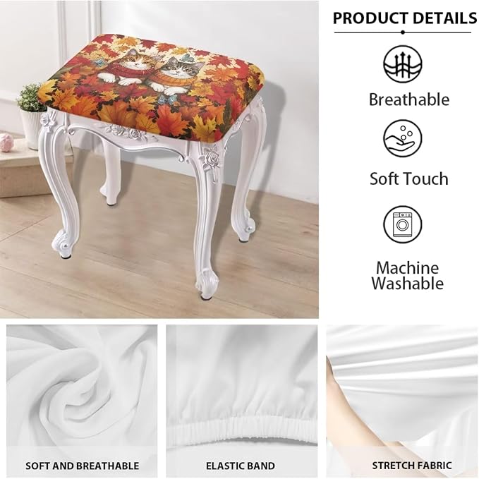 Cat Maple Leaf Bar Stool Covers Rectangle Thanksgiving Decoration Bar Stool Covers Rectangle Set of 2 Stretchy Vanity Chair Cover Seat Cover with Elastic Band