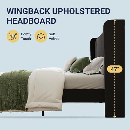 Allewie Queen Size Velvet Platform Bed Frame with Vertical Tufted Wingback Headboard, Easy Assembly, Under Bed Storage, No Box Spring Required, Modern Style, Black