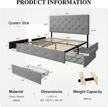 SHA CERLIN Upholstered Queen Size Platform Bed Frame with 4 Storage Drawers, Adjustable Headboard with Diamond Stitched Button Tufted Design, Wooden Slat Support, No Box Spring Needed, Light Grey