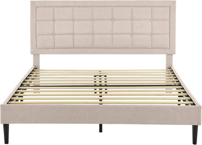 Decoro Mornington Upholstered 2.0 Platform Bed, Button-Tufted Fabric Headboard and Metal Frame with Wood Slat Support, Linen, Queen