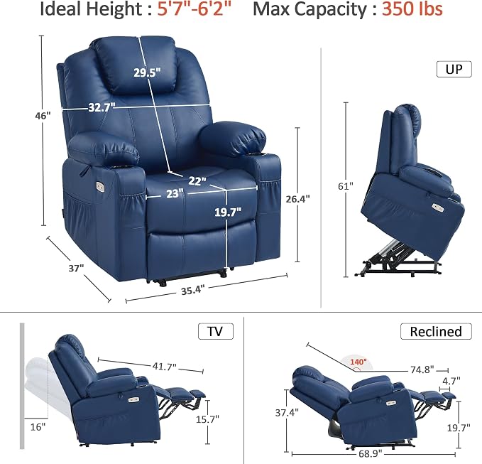 MCombo Power Lift Recliner Chair for Elderly 7516(Blue, Large) | Heat and Massage, USB& Type C Charging Port, FSC Certified
