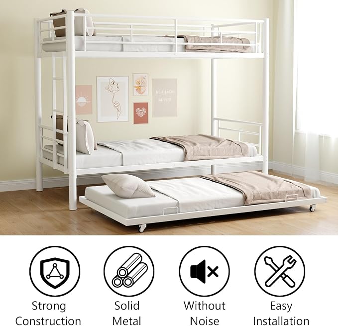 Twin Over Twin Metal Bunk Bed with Trundle,Can be Divided Into Two Bed with Ladder & Guard Rail for Adults,No Box Spring Needed, Noise Free (White)