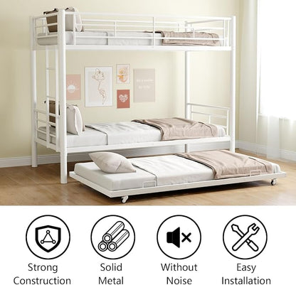 Twin Over Twin Metal Bunk Bed with Trundle,Can be Divided Into Two Bed with Ladder & Guard Rail for Adults,No Box Spring Needed, Noise Free (White)