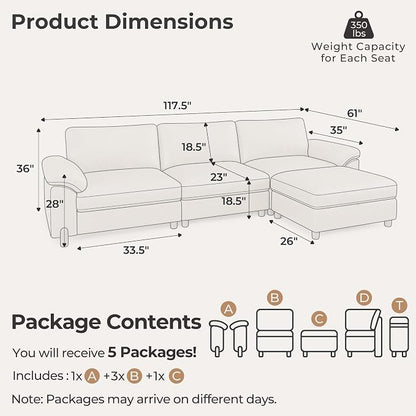 SITJOY Large Cloud Couch, 118" Wide 3 Seater L Shape, Faux Leather in White | Pet-Friendly Scratch-Resistant Leather Sectional Sofas for Living Room, Deep Seat Wide Couch with Chaise, Storage Ottoman