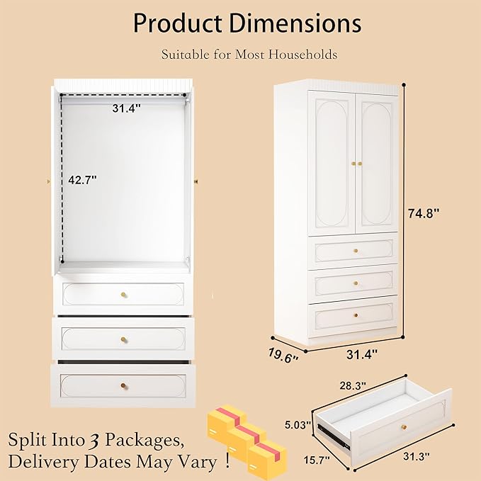 Armoire Wardrobe Closet with Drawers: 74" Tall White Wardrobe Closet with Doors, Large Bedroom Armoires for Clothes, Wood Closets for Hanging Clothes (63 in-4 Doors)